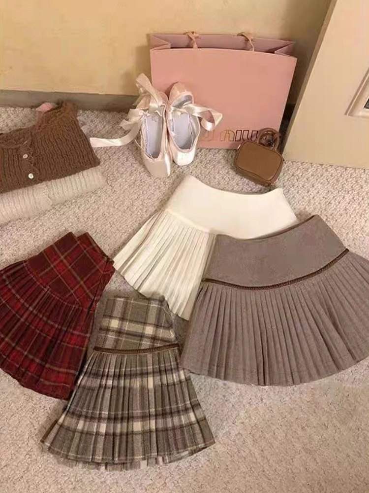 Autumn Winter Ruffle High Waist Short Skirt Women Vintage Casual Loose High Waisted Plaid Skirts Retro Chic Solid Thin Skirt New