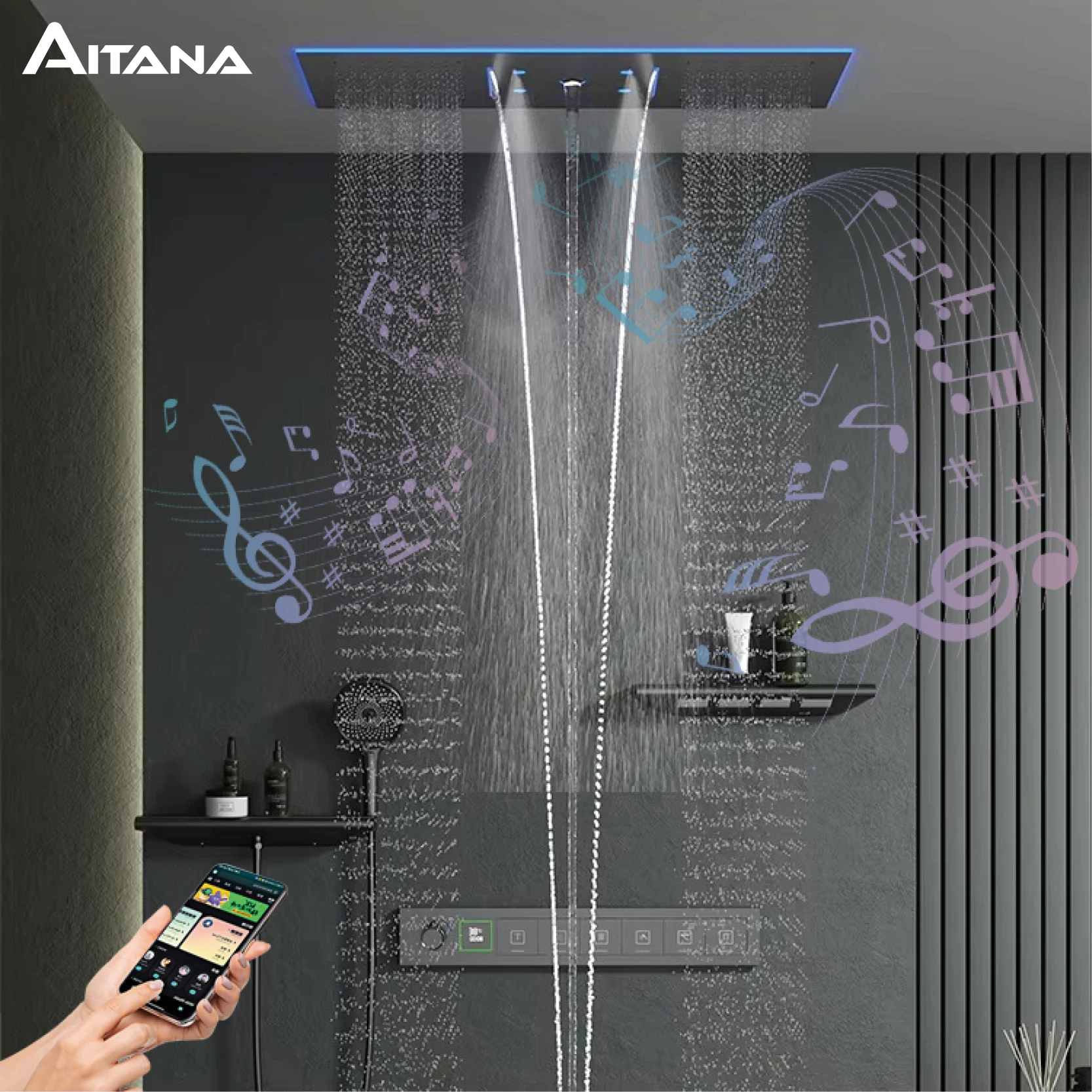 Luxury Brass Ceiling Mount Thermostatic LED Digital Display Shower Set System Bluetooth Music Rain Shower Head Bathroom Faucet
