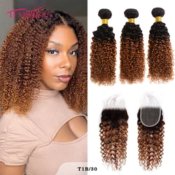 Tedersse 10A Kinky Curly Weave Human Hair Bundles with Closure Brazilian Curly Hair 3 Bundles with 4x4 Lace Closure Extension