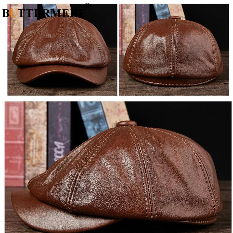 BUTTERMERE Genuine Leather Newsboy Cap Men Real Leather Winter Hat Black Brown Vintage Brand Octagonal Cap For Men Flat Cap