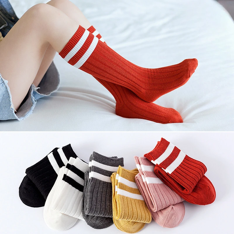 1 Pairs Kids Knee High Long Socks Autumn Winter Warmth Soft Cotton Children School Stocking Black White Stripes Sports Socks