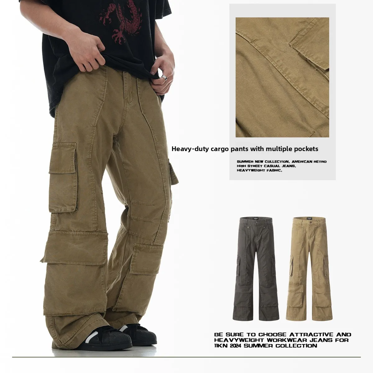 

Ретро-брюки в американском стиле с множеством карманов, свободные прямые длинные брюки для мужчин и женщин, городские модные хлопковые брюки