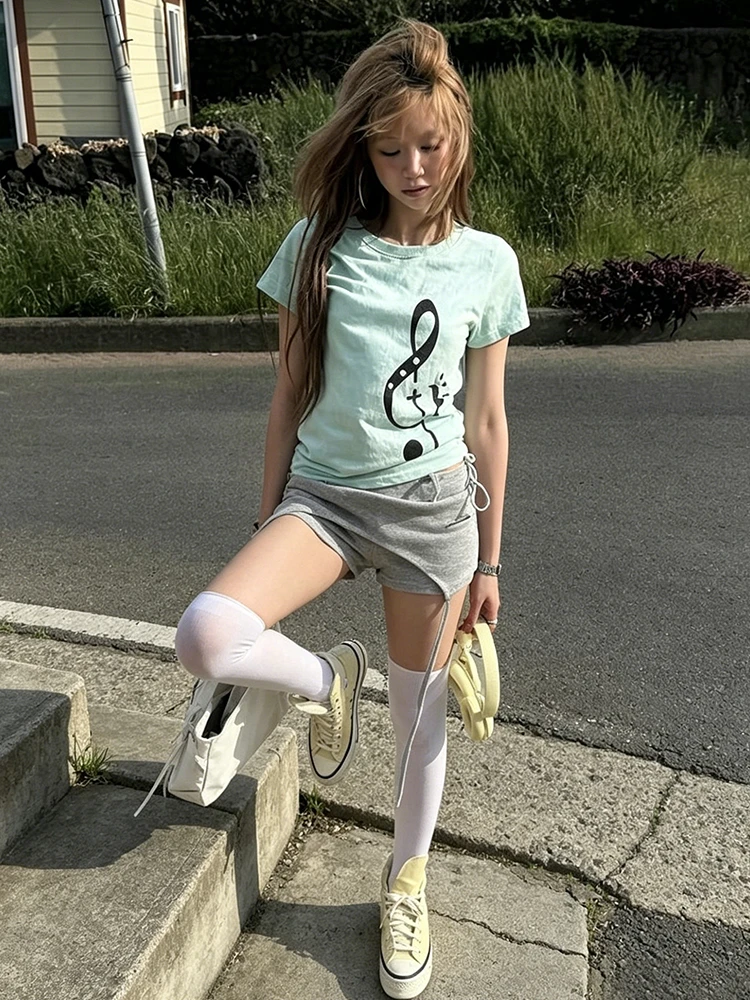 Tonngirls Korean Style Music Note Print T Shirt Women Short Sleeve Cotton T-shirt Y2k Vintage Graphic Tops Japanese 2000s Tee - view 6
