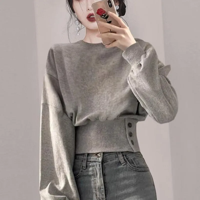 

2023Women's Autumn Winter Fashion Solid Color Round Neck Button Korean Edition Temperament Long Sleeved Slim Fit Sweatshirts