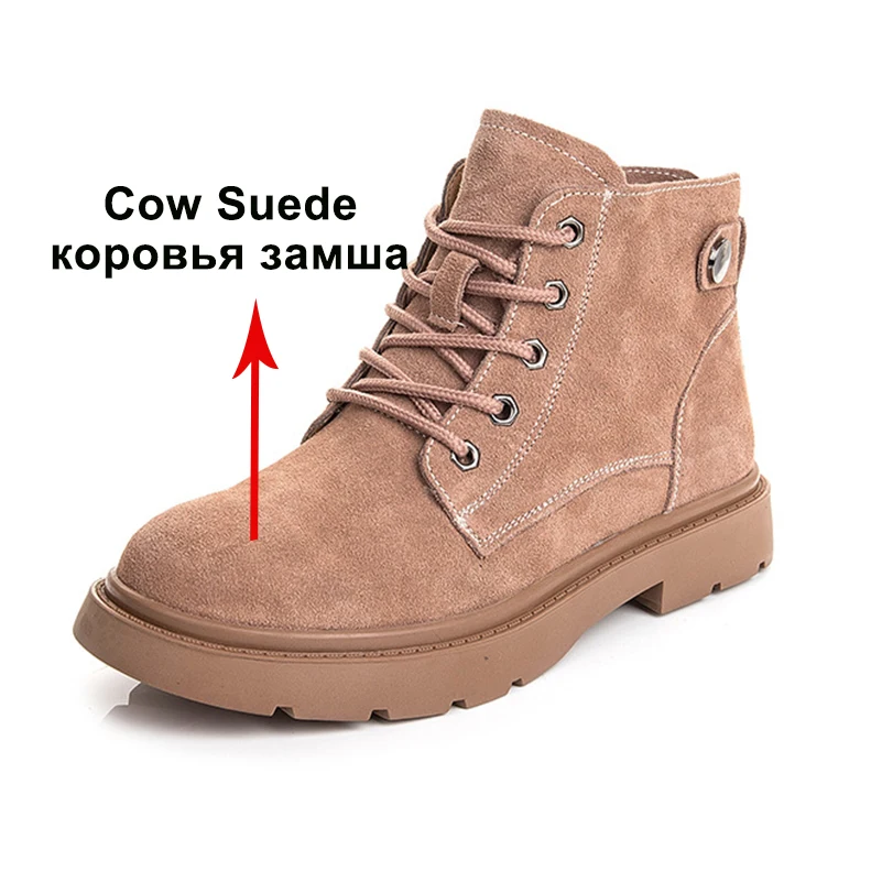 Meotina Frauen Echt leder Knöchel kurze Stiefel runde Zehen Wohnungen Schnür plattform Kampfs tiefel Dame Mode Schuhe Winter beige 40