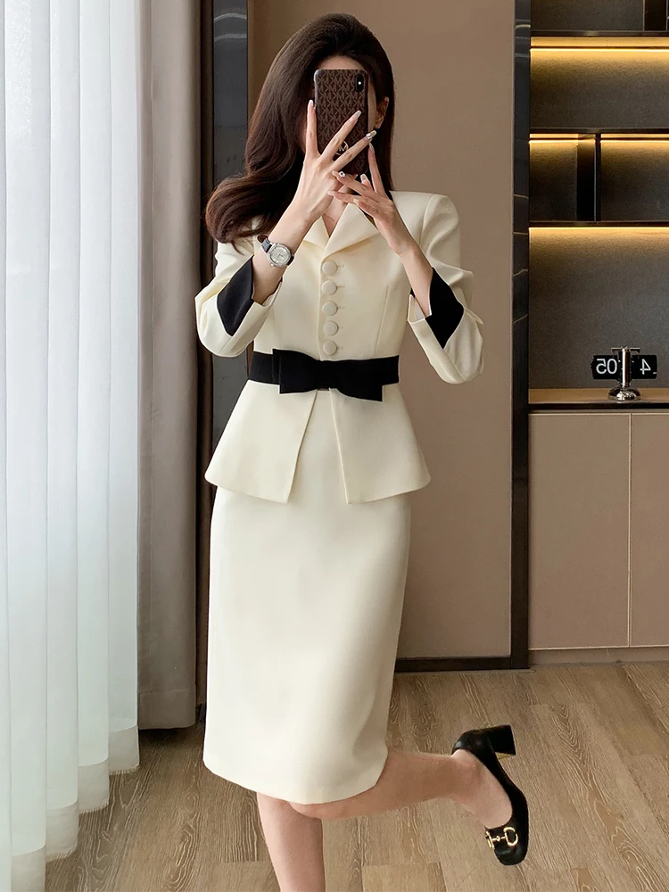 Fashion Women Casual Blazer Skirt Suit Ladies Pink Beige Long Sleeve Female Two Piece Set For Autumn Winter