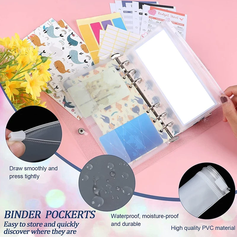 A6 penutup Binder PVC, lembaran uang, tas kartu penyimpanan, stiker kosong untuk amplop uang 6 Ring, perencana uang harian