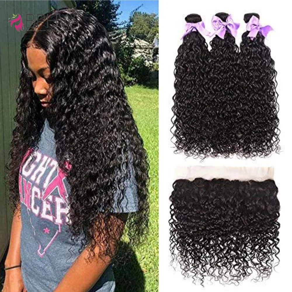 

Кудрявые вьющиеся 3 пучка с 13x4 кружевными фронтальными волосами Натуральный цвет Наращивание волос 100% человеческие волосы Плетение кружевных фронтальных волос Remy