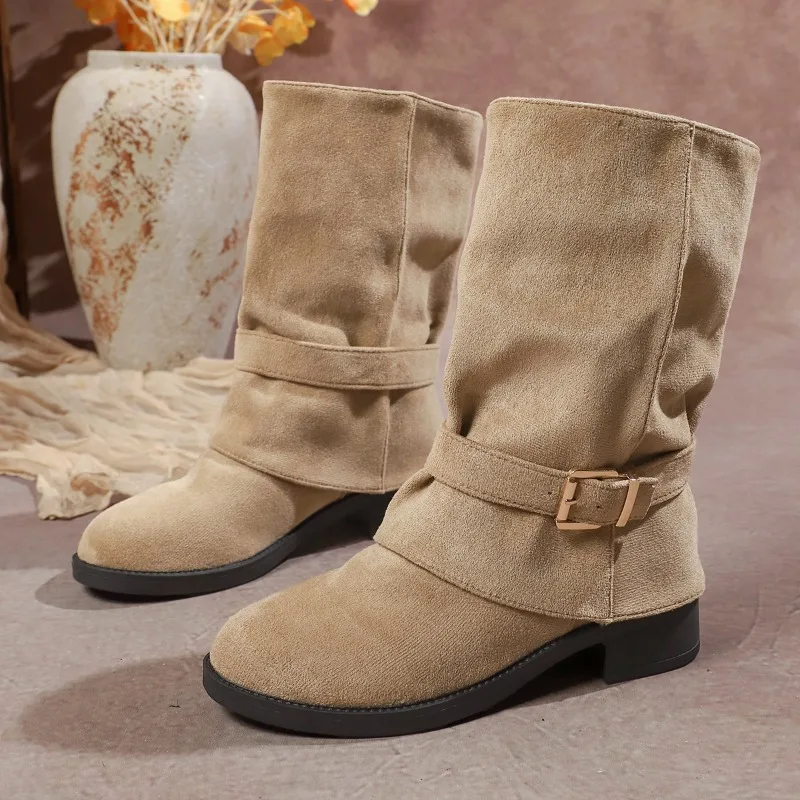 

Осенние сапоги на мягкой подошве с металлической пряжкой на ремне, женские модные ботильоны с замшевыми рукавами и круглым носком
