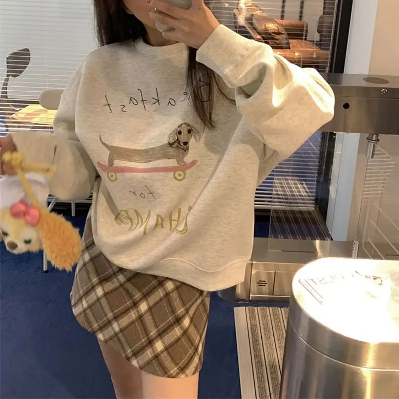 Korean O-Neck Letter Printed Pullovers Female Clothing Hand-Painted Loose Autumn Winter New Fleece Long Sleeve Basic Sweatshirts