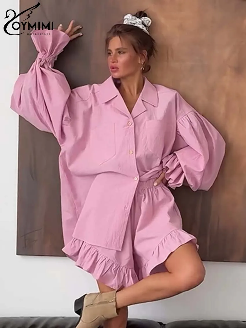 

Oymimi Fashion Pink Cotton 2 Piece Sets Women Outfit Elegant Lapel Long Sleeve Button Shirts And Loose Ruffled Shorts Female Set