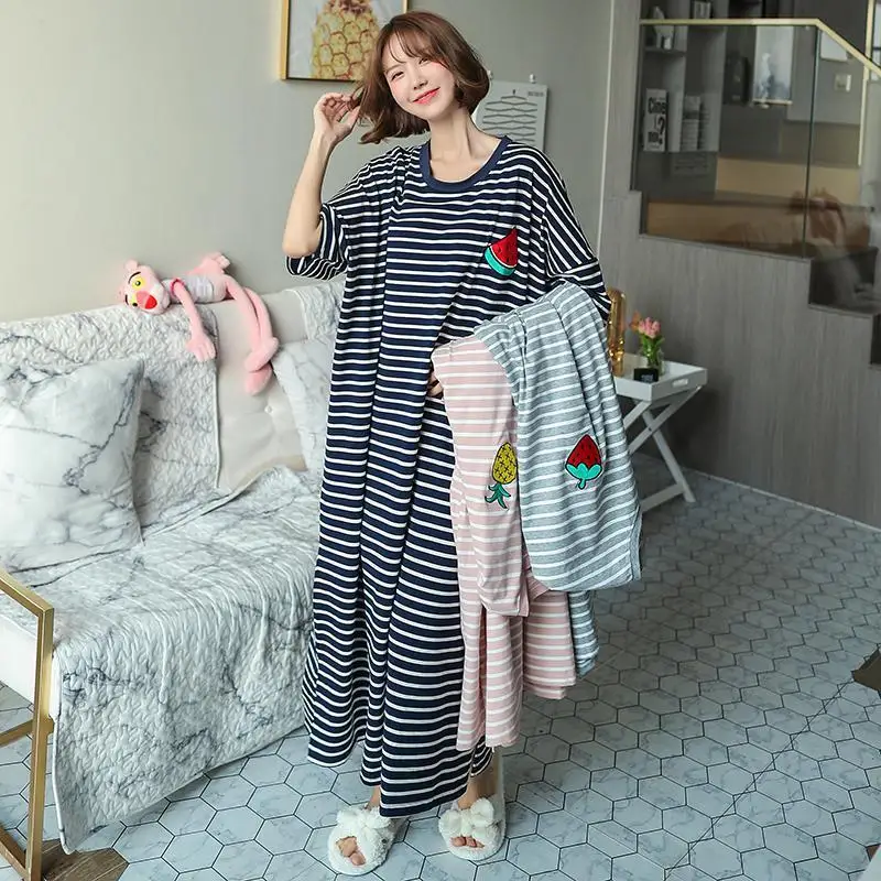 Ladies Oversized Striped Sleep Dress Fruit Embroidery Patch Short Sleeve Maxi Nightgown Soft Casual Home Nightwear