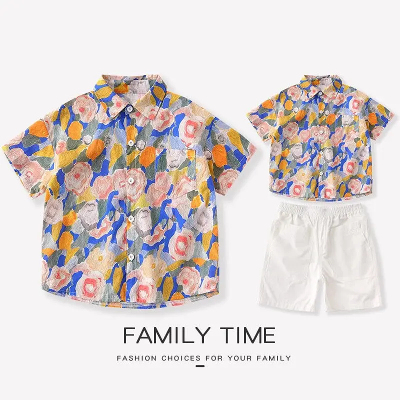 

Beach Family Clothes Mom and Daughter Matching Sleeveless Dress Summer Vacation Dad Son Same Floral Shirts Two Piece Outfits Set