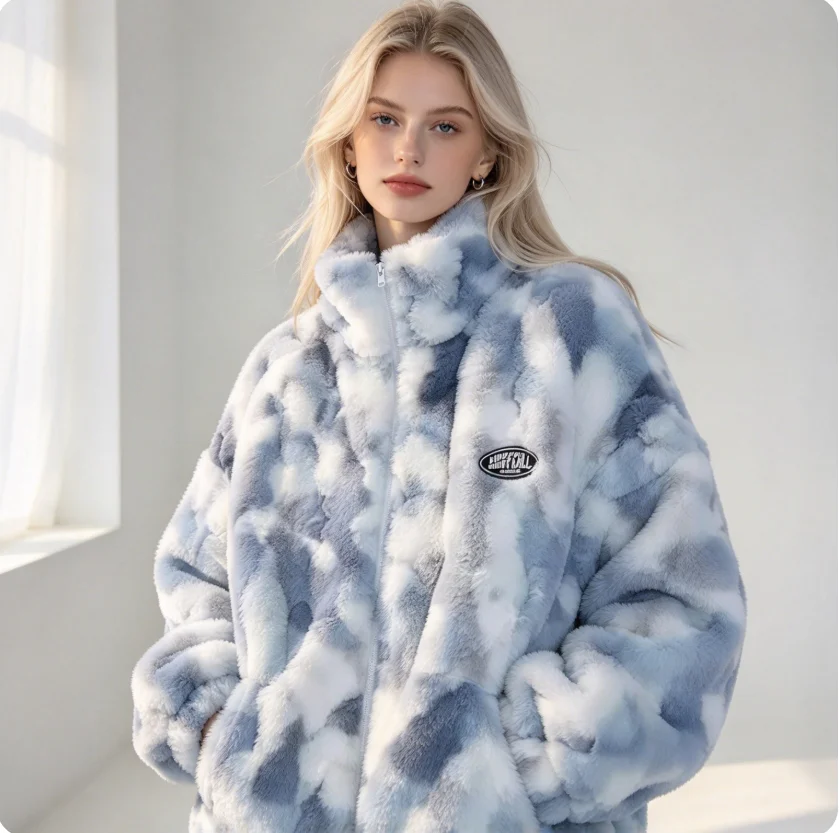 New Women's Tie Dye Lamb Fleece Jacket Autumn Winter Zipper Outerwear Warm Plush Jackets Harajuku Casual Loose Female Thick Coat