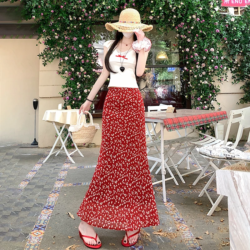 

2025 New Floral Skrits Chiffon Hip Hugging Skirt for Women Summer Korean Fashion Sweet Slimming Fish Tail Skirt Female Clothing