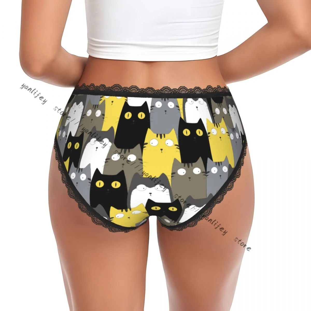 Women Sexy Lace Triangle Panties Cute Cats Low Waist Underwear