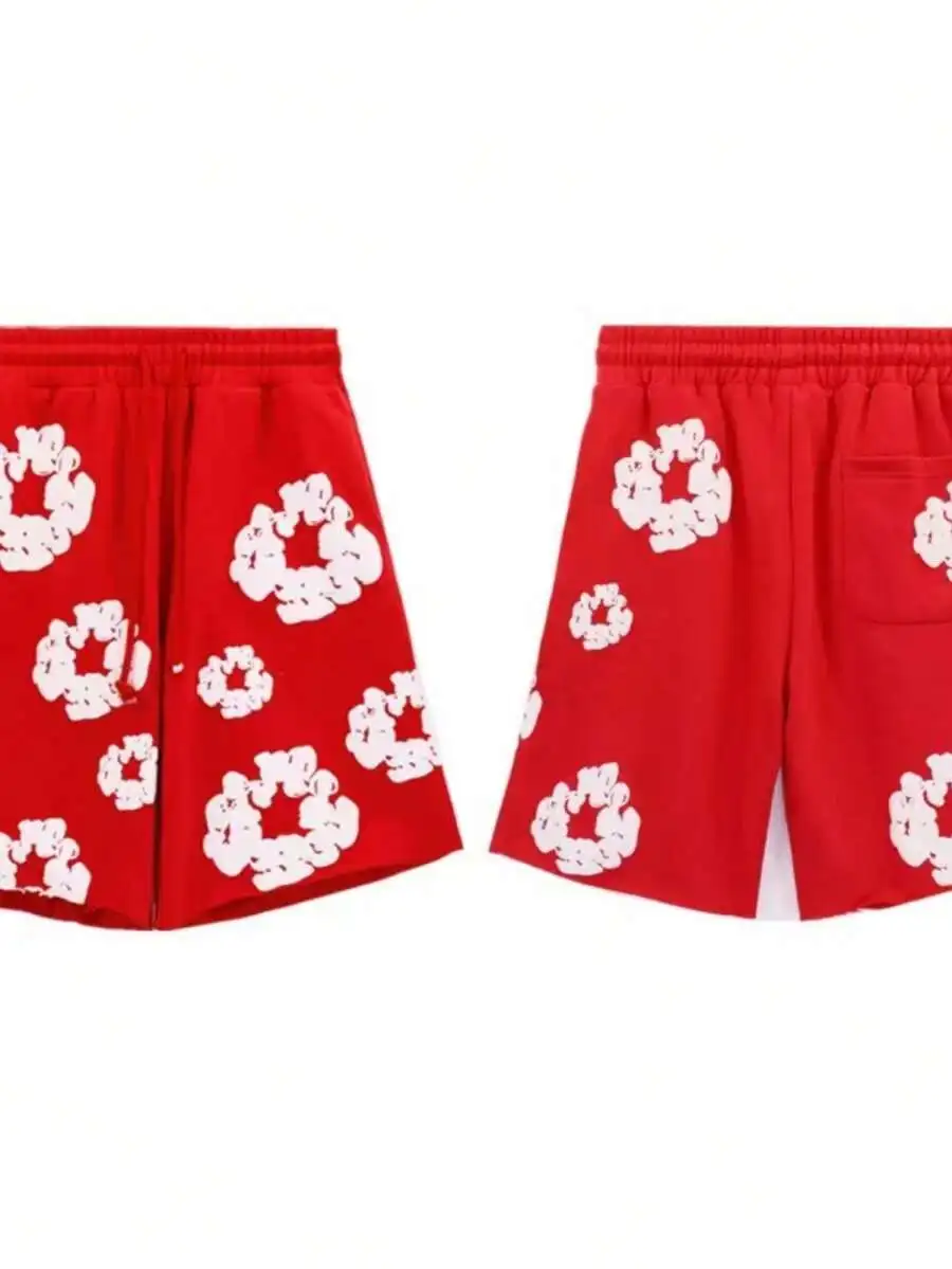 

Red Floral Print Casual Shorts With Pocket Drawstring Waist
