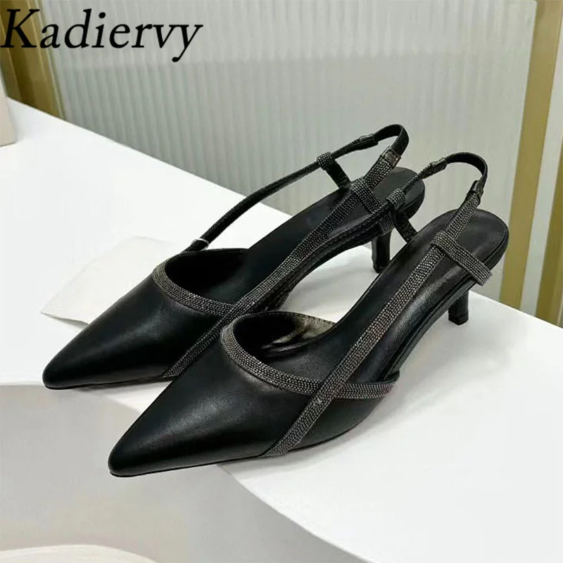 New Kitten Heels Shoes Women Pointed Toe Slingbacks Suede Leather Summer Shoes Women Chain String Bead Pumps Sandals Woman