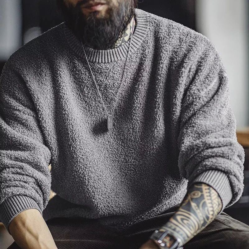 

Мужской серый свитер Maden в стиле ретро с круглым вырезом, мужской теплый универсальный пуловер на флисовой подкладке, осень-зима, свободный крой, полубархатный свитер