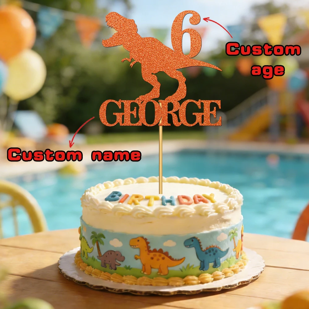 1pcs Personalized Dinosaur Glitter Birthday Multiple colors Cake topper custom Dinosaur Pattern with Name Cake Decorations Party