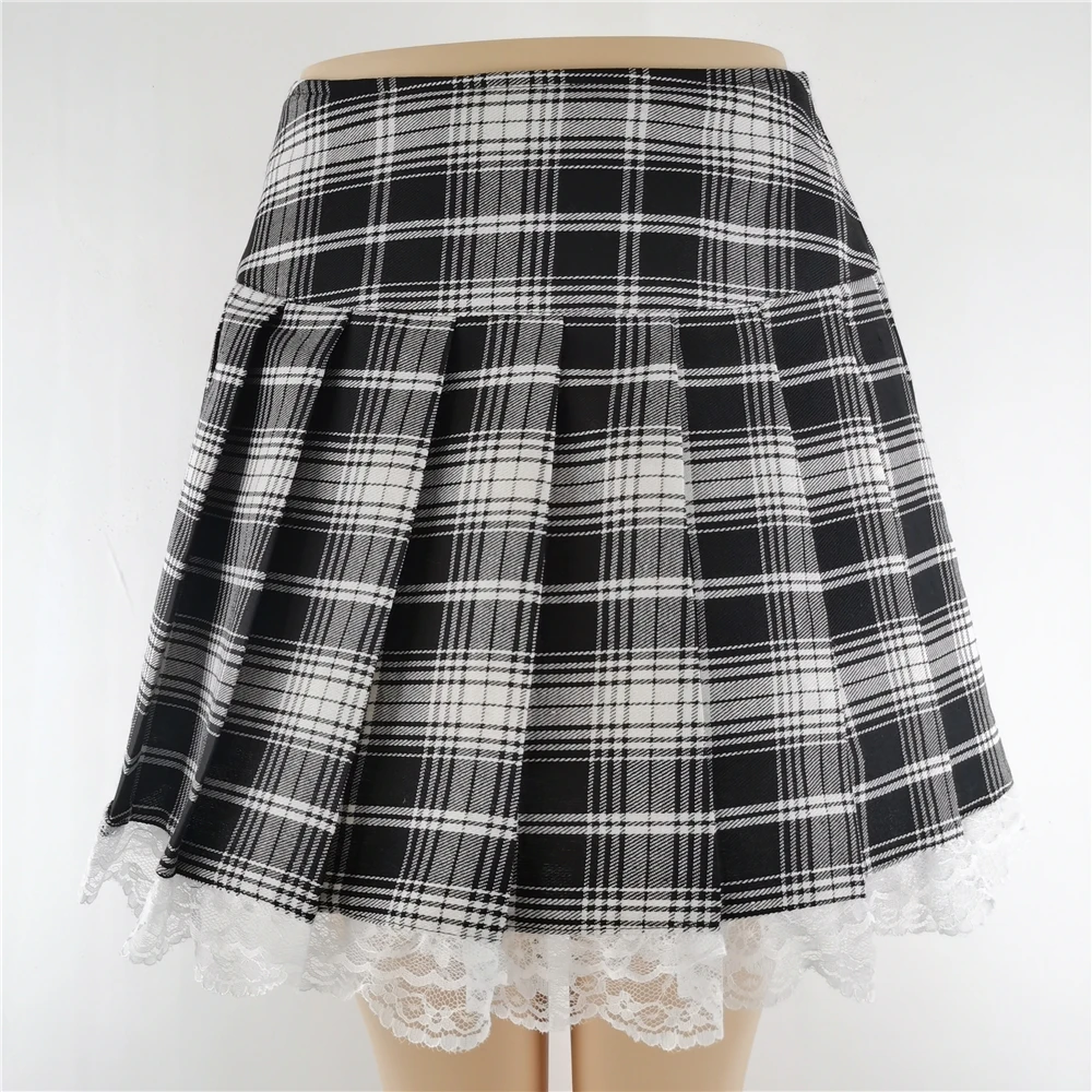 Plaid Skirts New Contrast Lace Pleated Vintage Sexy Skater Clothes Harajuku Gothic Punk England Style Y2k Skirt