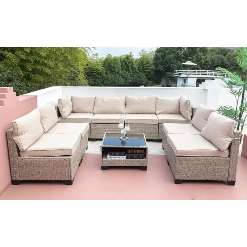 

9-Piece Outdoor Patio Furniture Set, All-Weather Boho Sectional Sofa with Water-Resistant Grey Cushions for Outdoor