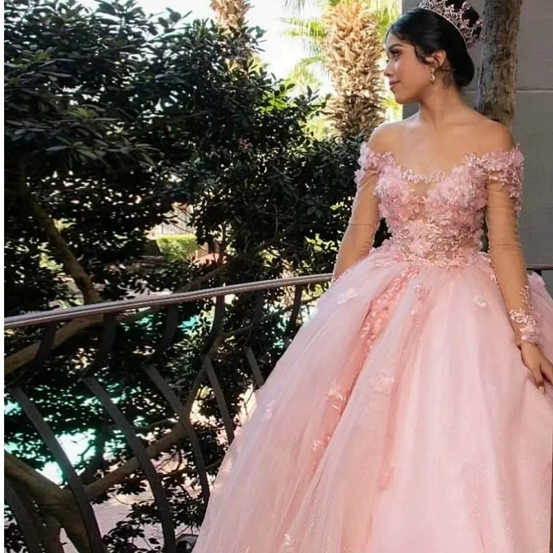 Vestidos Quinceanera rosa para menina doce, vestido de baile, apliques de lantejoulas, vestido formal, 15 anos