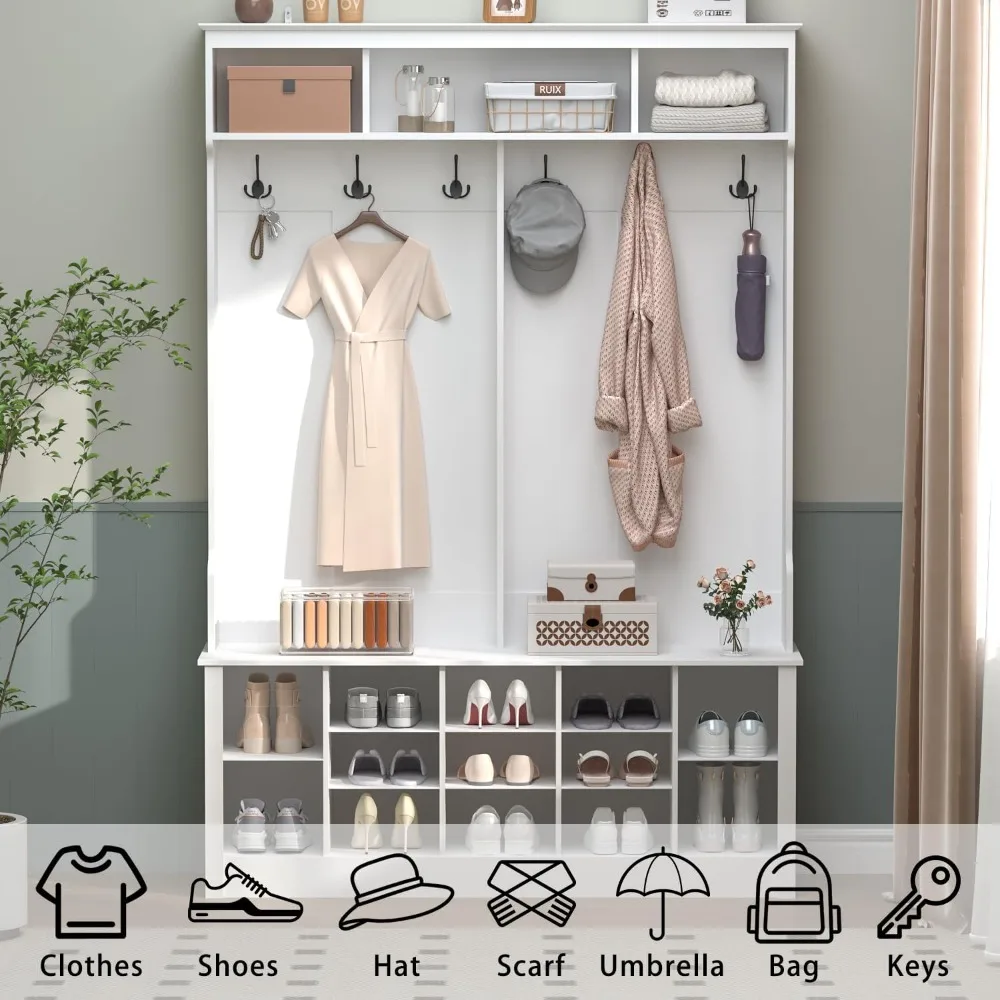 منظم غرفة الطين على طراز المزرعة مع مقعد، ورف معطف، و6 خطافات، و12 مكعب لتخزين الأحذية للمدخل