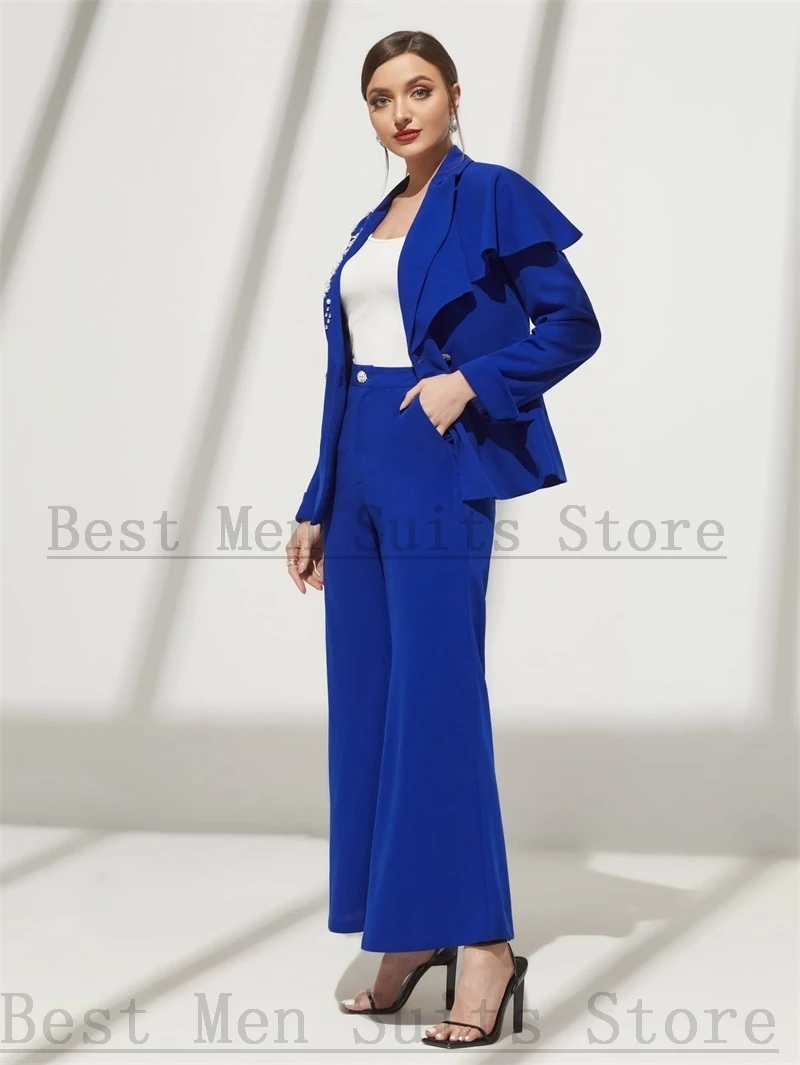 Pérolas Mulheres Ternos Set 2 Pcs Blazer Com Envoltório Lace Up Flare Pants Jaqueta De Festa Azul Royal Prom Dress Женский костюм Custom Made