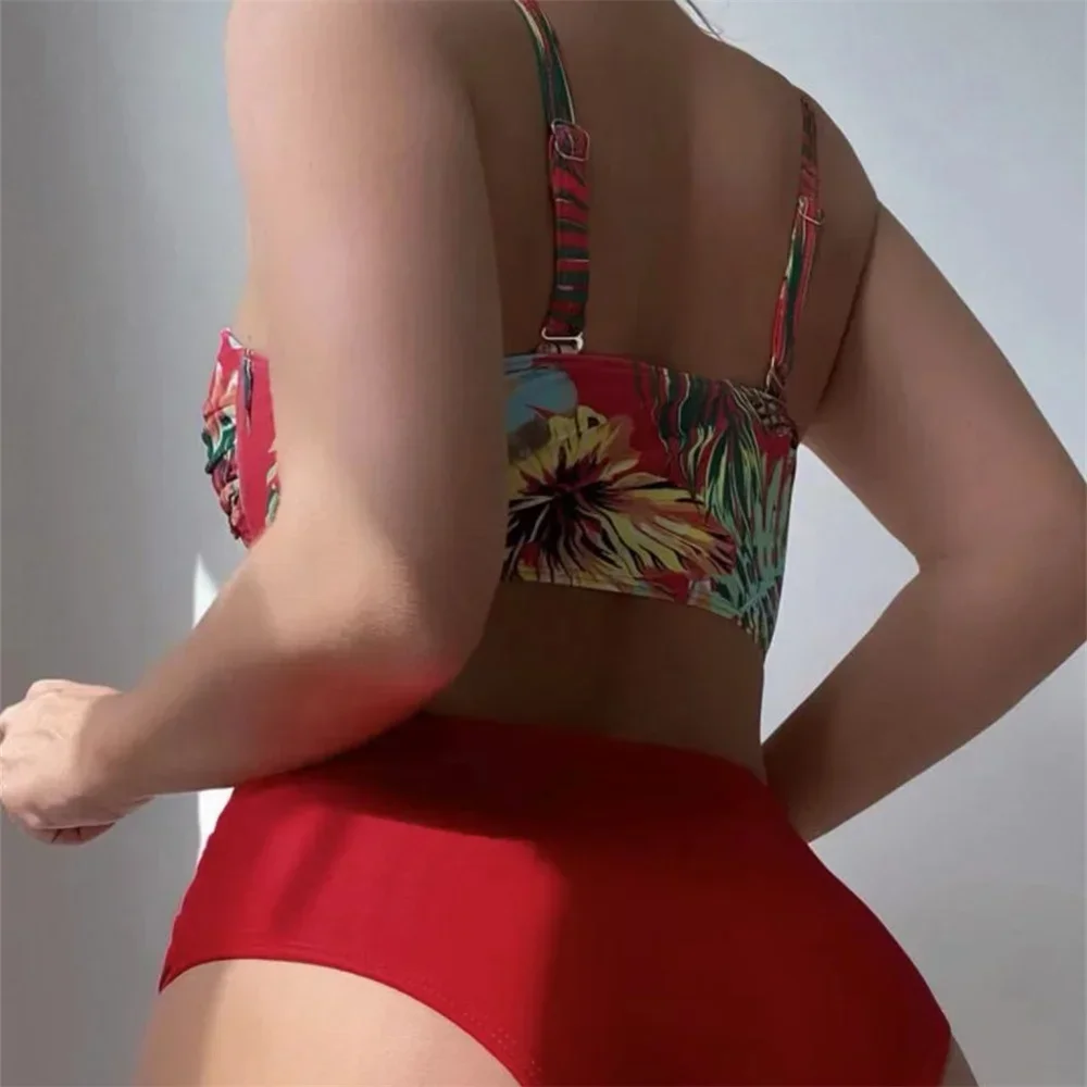 Sexy Push-Up-Bikini mit Blumenmuster, hoher Taille, aushöhlen, Y2K-Urlaubsbadebekleidung, Damen-Tankini, 2-teiliges Strand-Outfit, Badeanzug