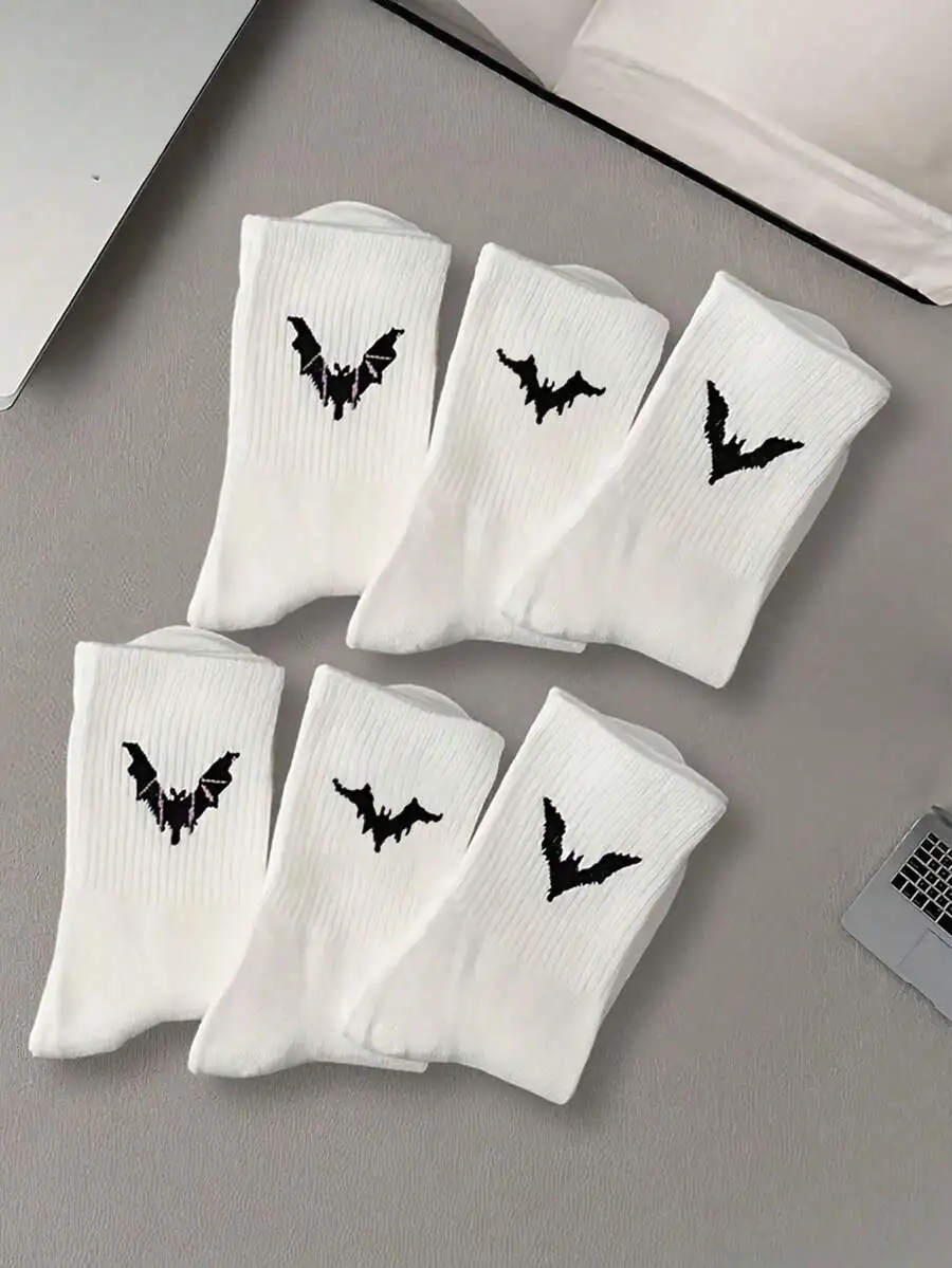 6 Pairs Bat Print Mid-Calf Socks Gothic Style Comfortable Daily Wear Black White view 2