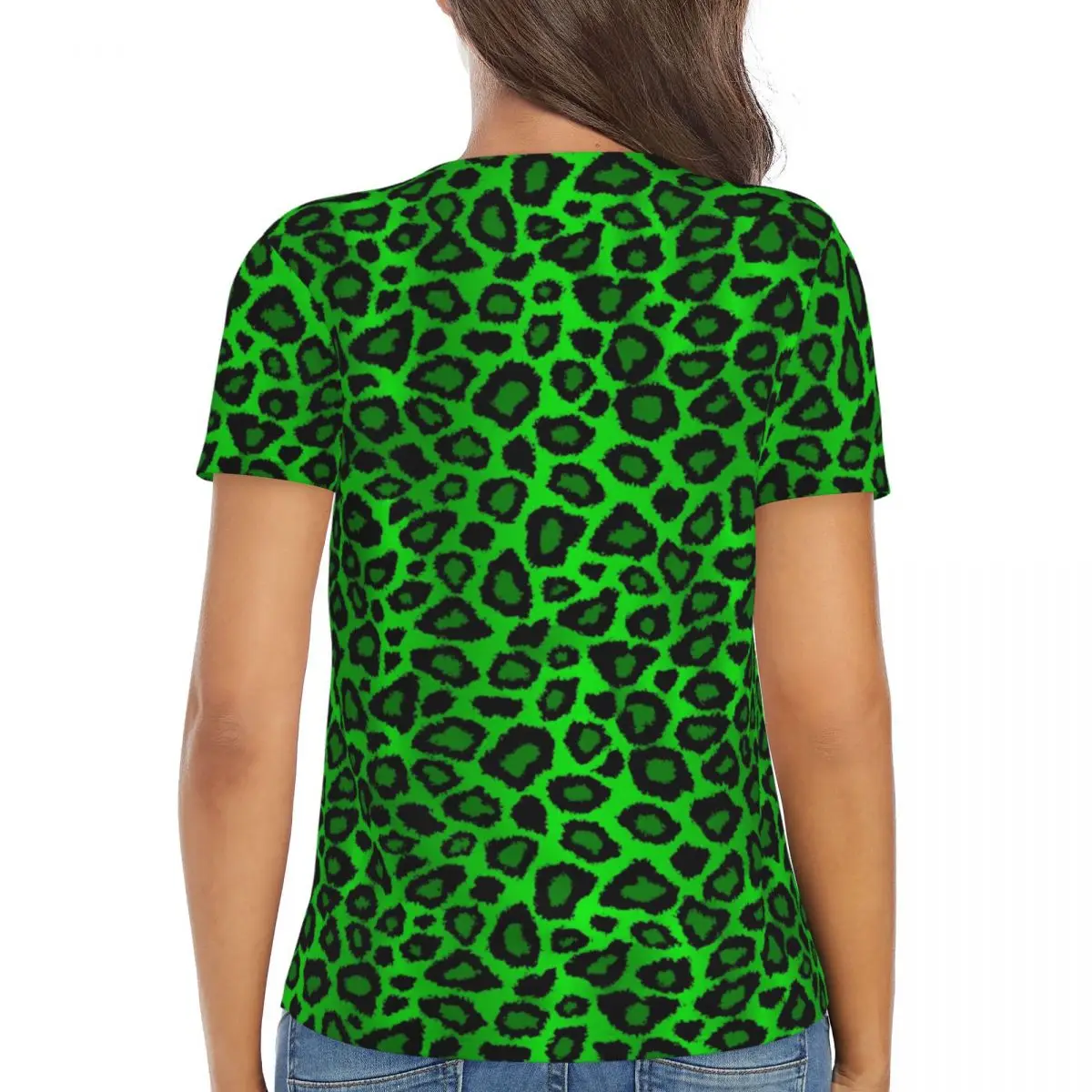 Leopard Animal T-Shirt Lime Green And Black Y2K Funny T Shirts Sexy Deep V Neck Short-Sleeve Graphic Tops 2024 Women Casual Tees