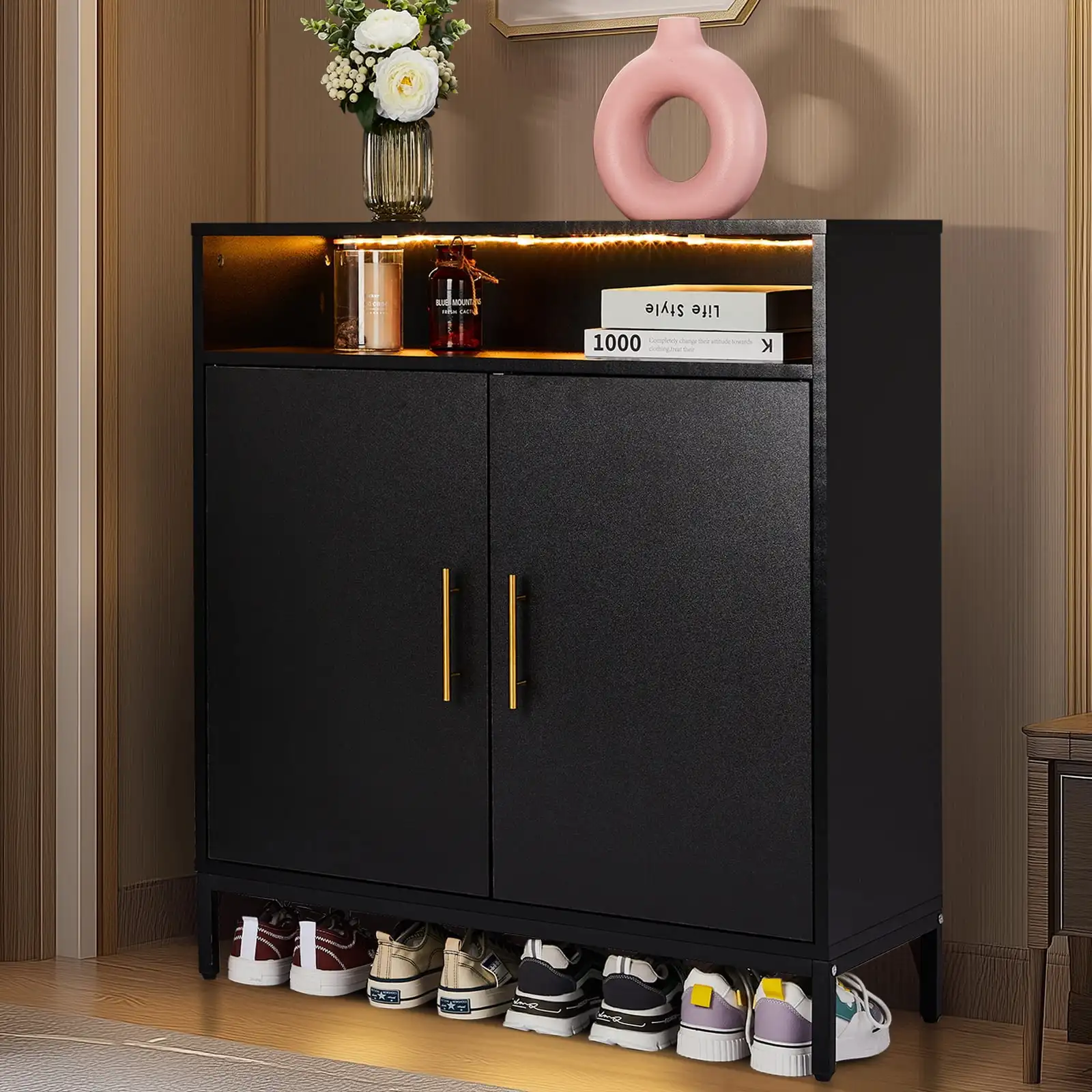

Shoe Cabinet Double Door 6 Tiers with High Feet & LED Lights for Entryway, Black