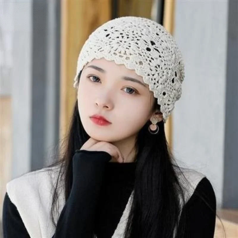 Spring Summer Thin Handmade Female Crochet Hat Hook Flower Knitted Hollow Breathable Ladies Cap Fashion Women Beanies Bonnets