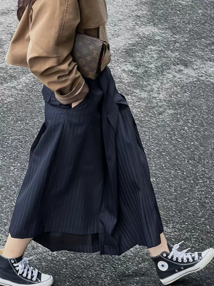 Fashion Striped Suit Pleated Skirt Women 2023 New Summer Harajuku High Waisted Skirts Y2k Streetwear Pocket Slim Long Skirts