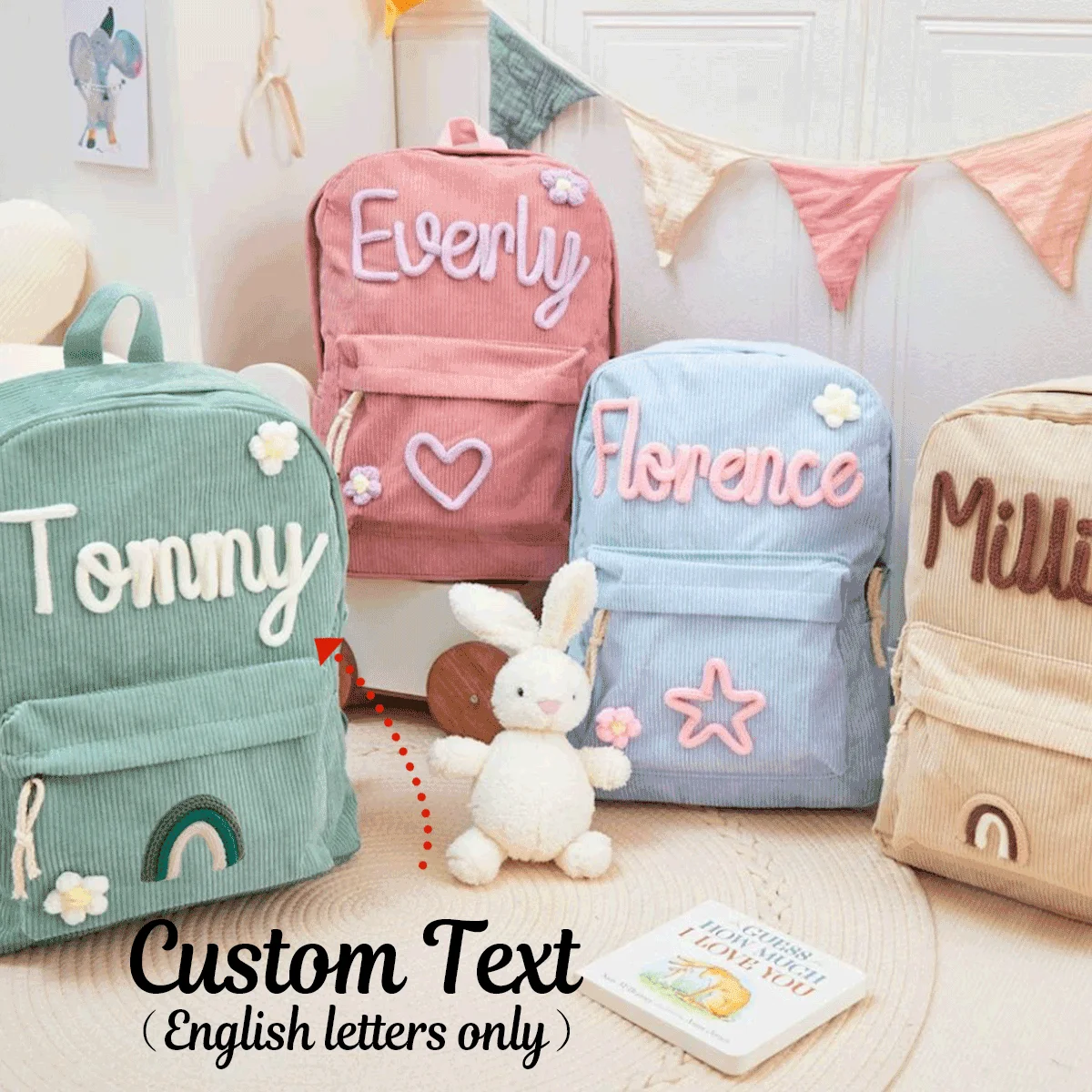 1-Piece Personalized Name Backpack, Large Capacity, with Butterfly, Rainbow, Apple, Star Patterns, Perfect for Back to School