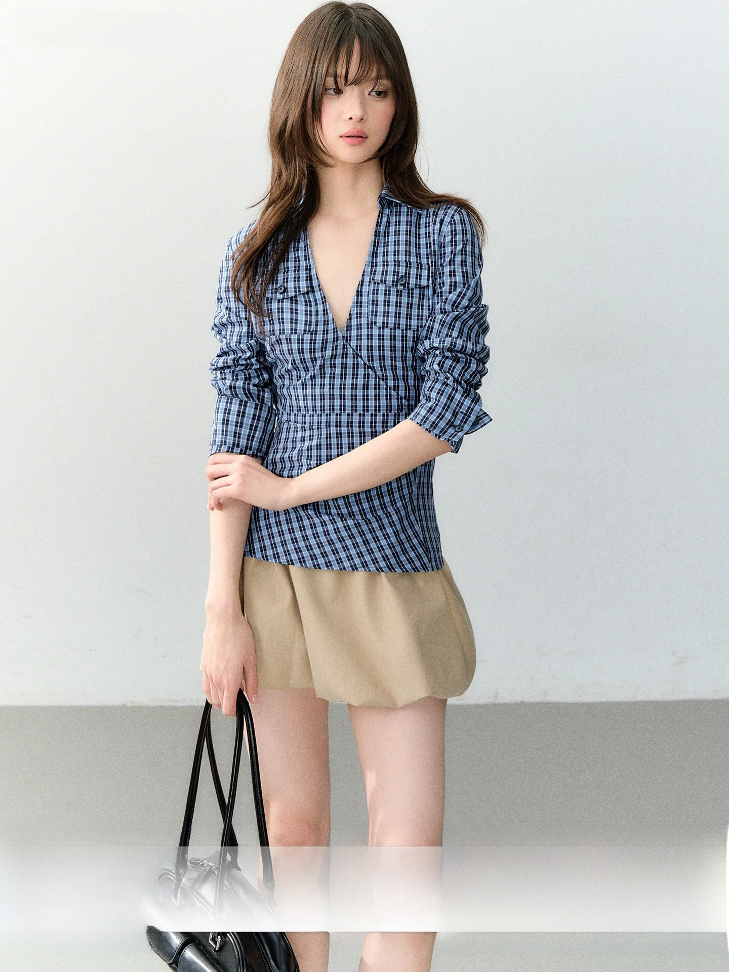 

Soote Season Original Korean Sle Wrap Low V-Ne ket irt Women's Mid-Sve Top Cotton Casual Faion Spring Summer