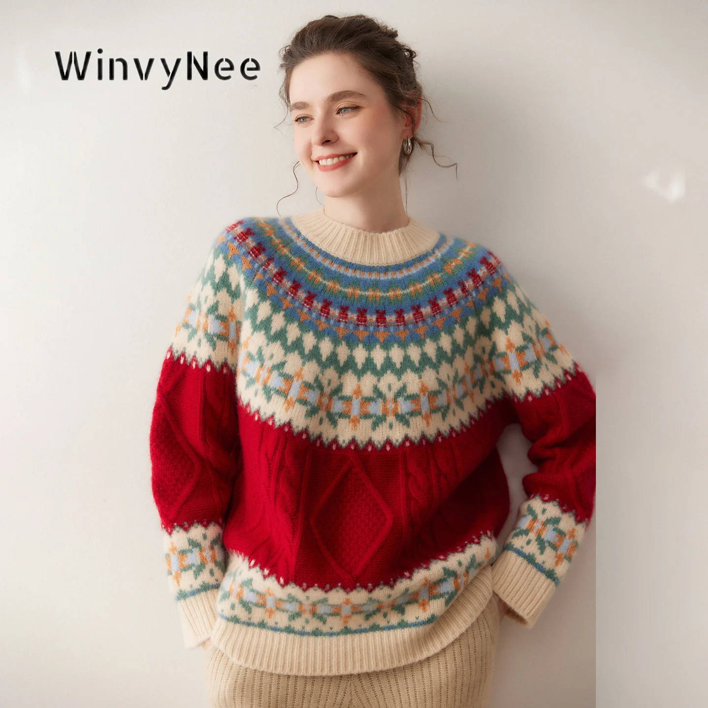 WinvyNee Womens Crew Neck Fair Isle Knit Pullovers Warm Cable Cashmere Wool Loose Retro Print Soft Autumn Winter Knit A1654026