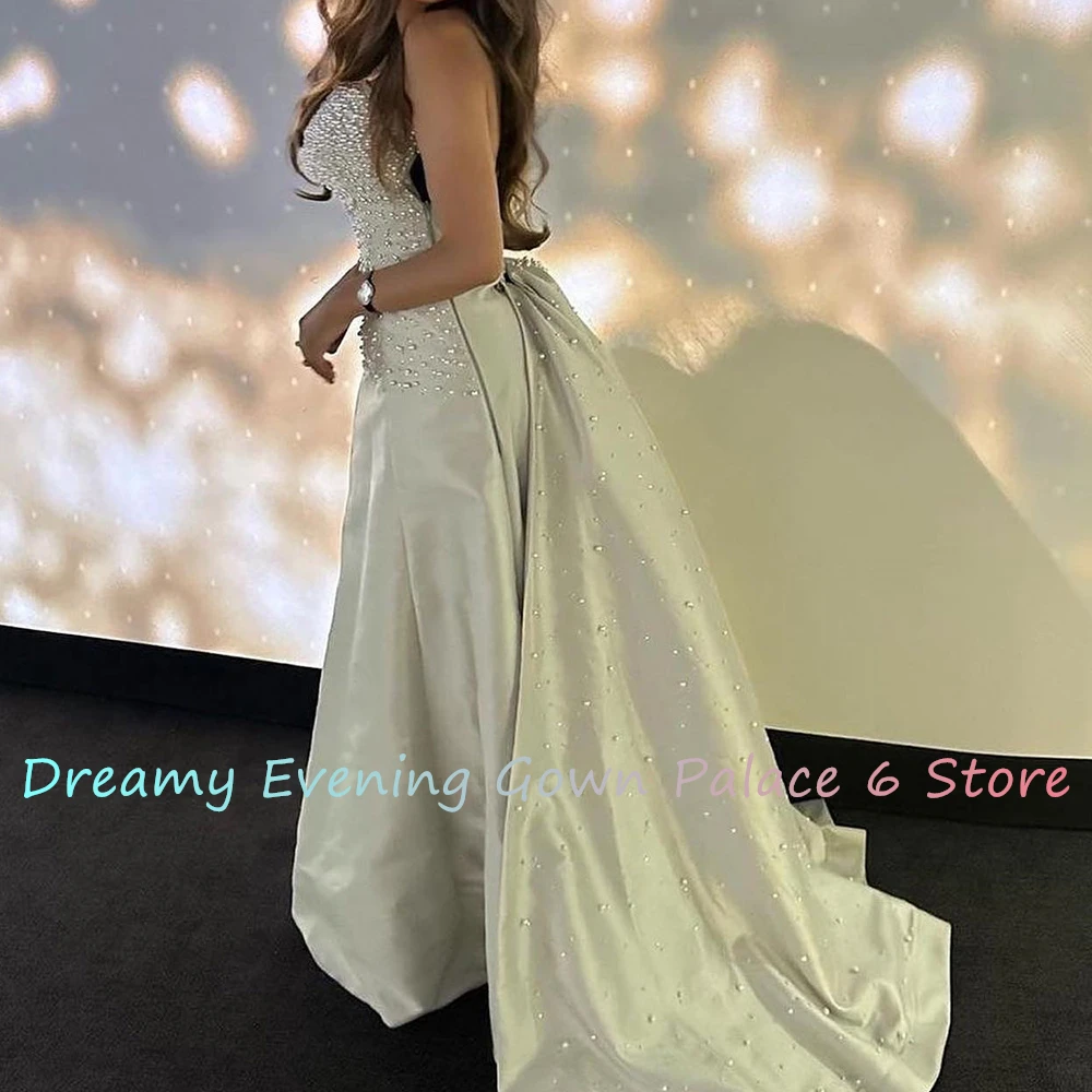 Customized Exquisite Satin A-Line Pearls Evening Dress High Quality Floor Length Strapless vestidos para mujer
