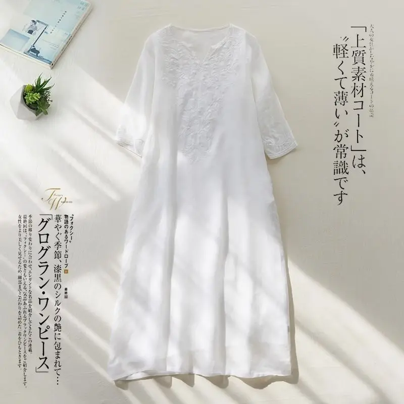 فستان كتان صيني فاخر، فستان صيفي مطرز فني ثقيل لعام 2025، فستان طويل أنيق فضفاض