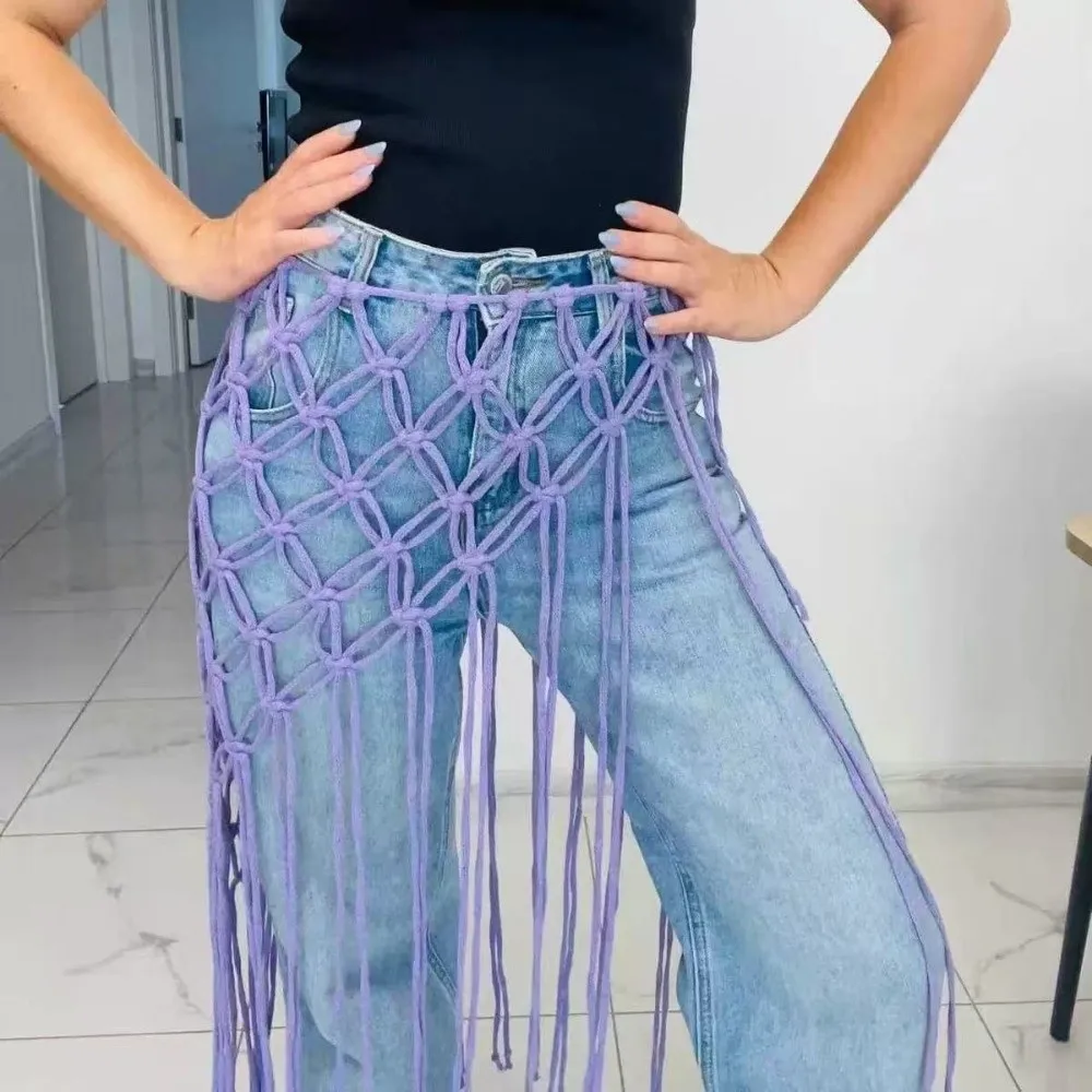 

Fashion Bohemian Netted Fringe Waistband Decorative Tassel Ethnic Design Handwoven Bikini Cover Up Waist Wrap Versatile Styling