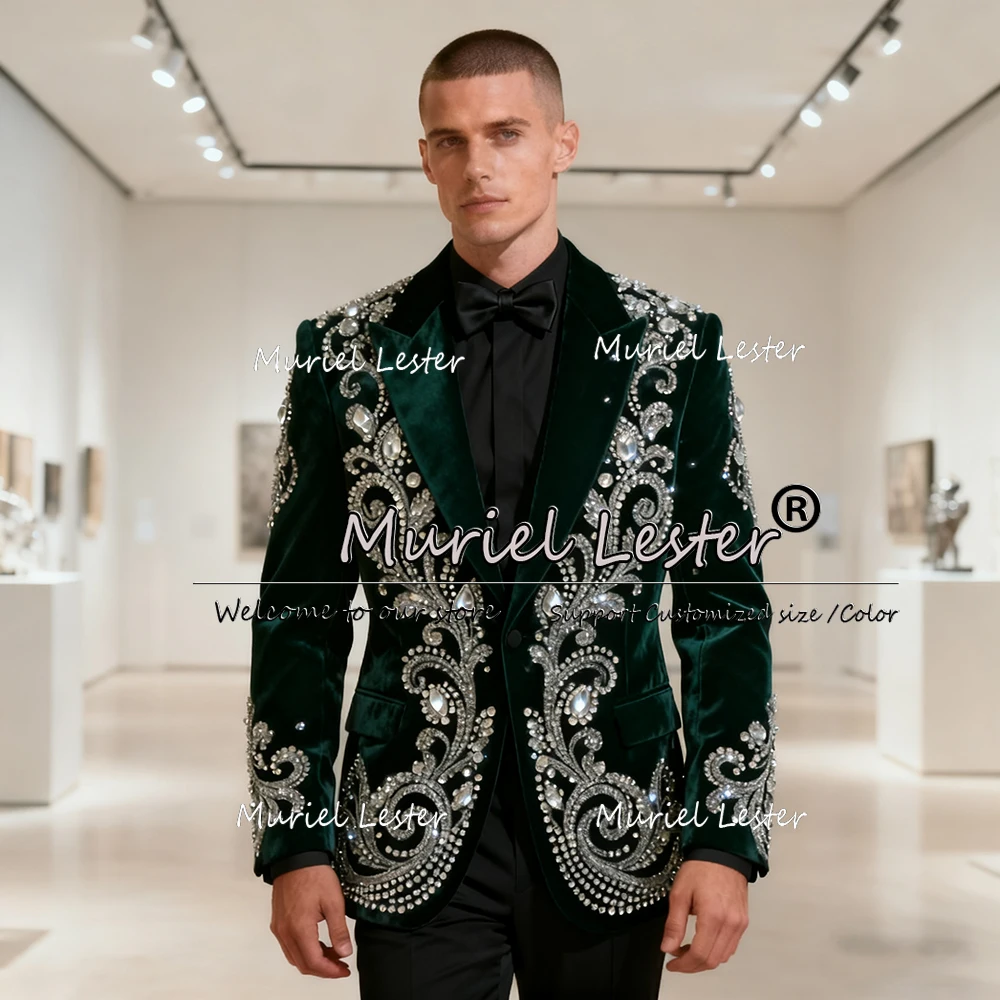 

Exclusive Crystals Beaded Wedding Suits For Men Velvet Prom Blazers Customized 2 Pieces Sets Groom Tuxedos Man Banquet Attire