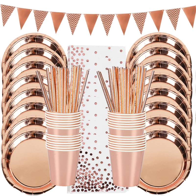 Decoraciones de cumpleaños de oro rosa, juego de vajilla desechable, vaso de papel, decoraciones para fiesta de cumpleaños de boda para adultos, Babyshower para niños y niñas