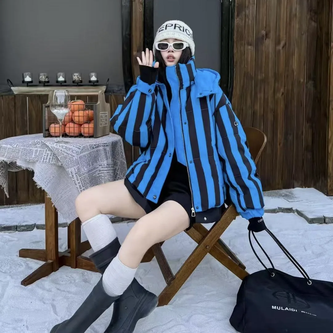 

Striped hooded cropped down jacket women's autumn loose warm white duck down jacket
