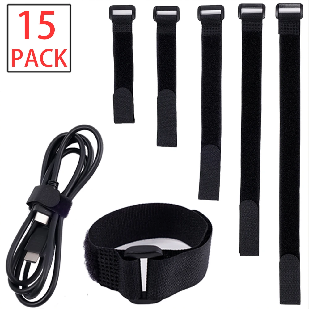 15pcs Nylon Reverse Buckle Cable Strap Self-adhesion Hook Loop Fastener Cable Ties Strap Sticky Line Finishing Black 2cm Width