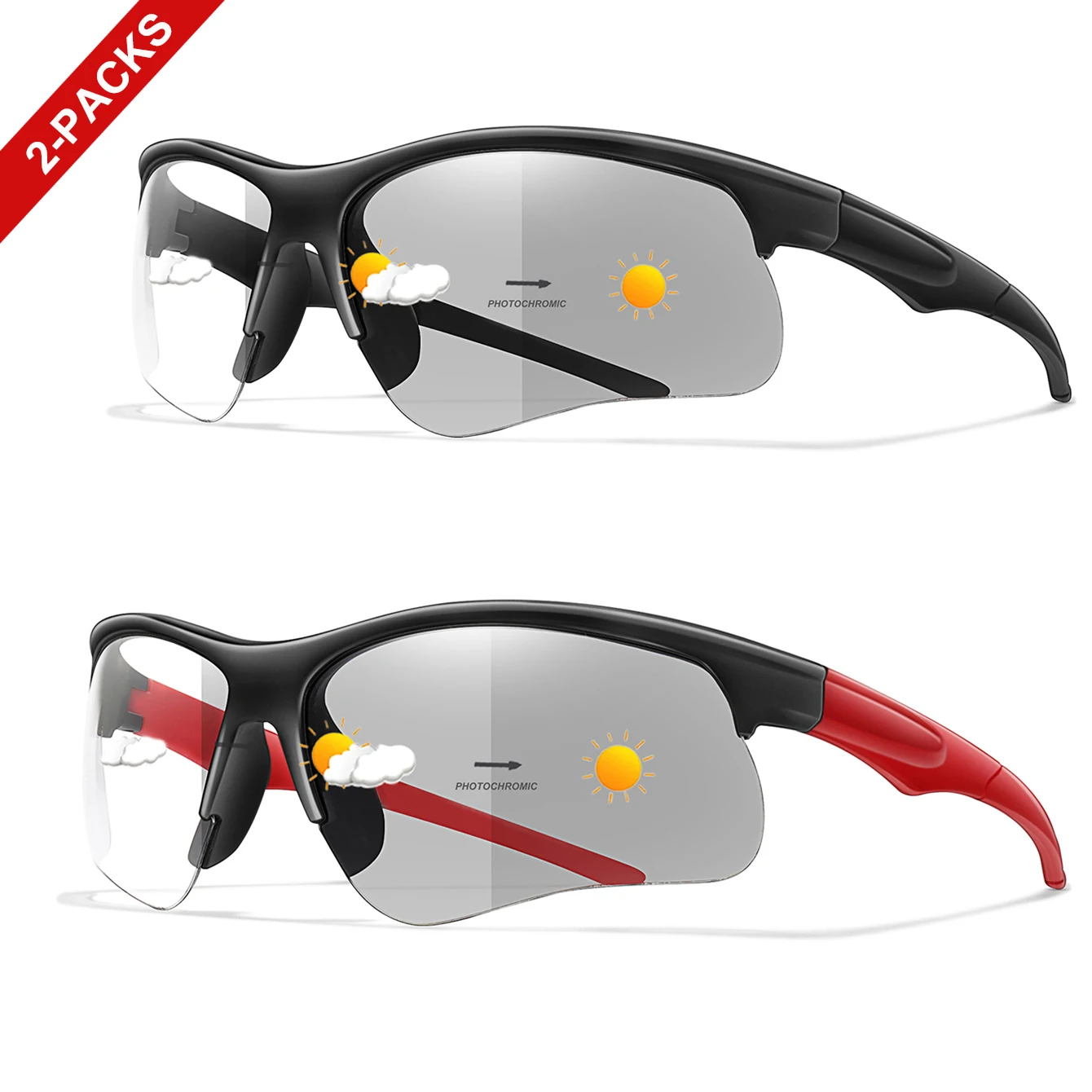 2 Packs LOISRUBY Photochromic Fishing Sunglasses for Men Women Outdoor Driving Fishing Running Cycling Eyewear Windproof Glasses