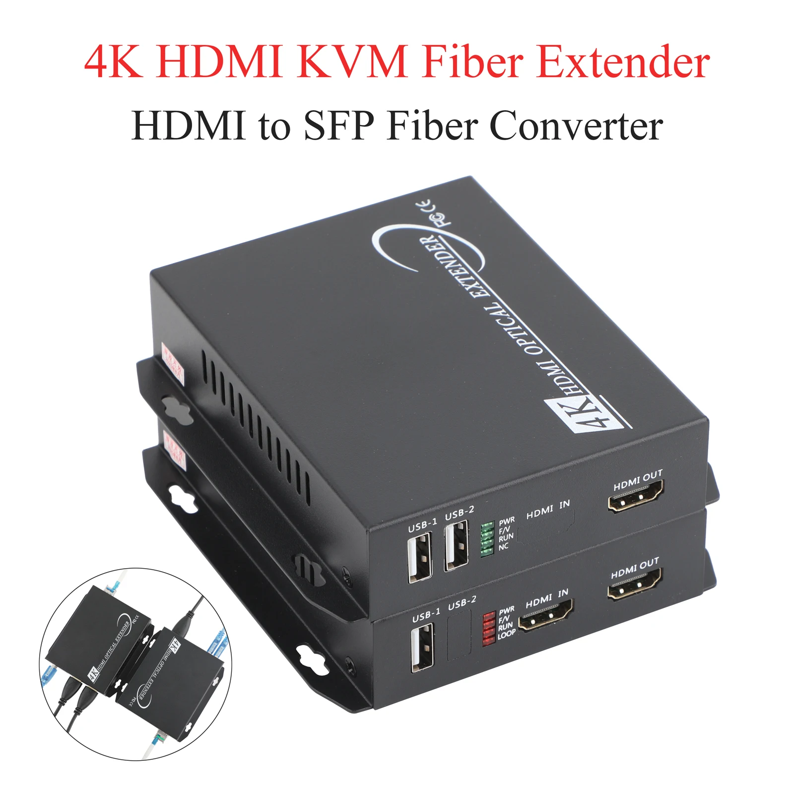4K Fiber Optic Transceiver Media Converter with LC SFP Module (10KM)-USB Mouse/Keyboard, Audio/Video,  US/EU Power