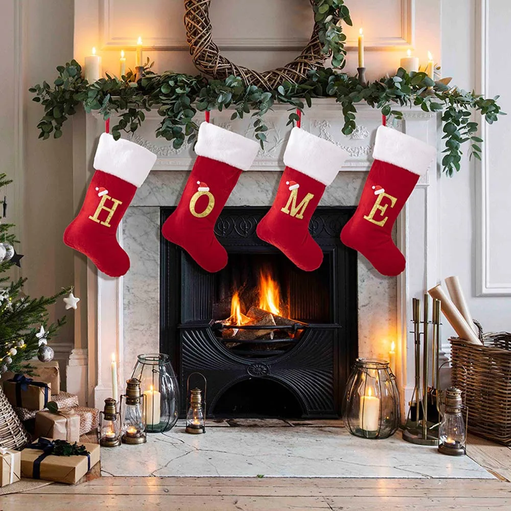 Large Embroidered Letter Combination Christmas Socks Home Holiday Party Fireplace Decoration Pendant Christmas Candy Gift Bag