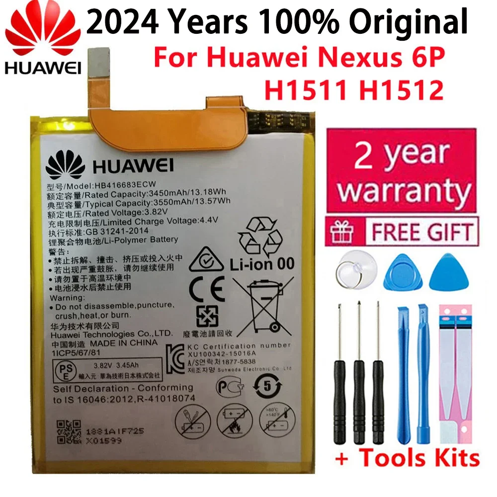 2023 Hua Wei Original Phone Battery HB416683ECW for Huawei Nexus 6P H1511 H1512 3450mAh Original Replacement Battery Free Tools