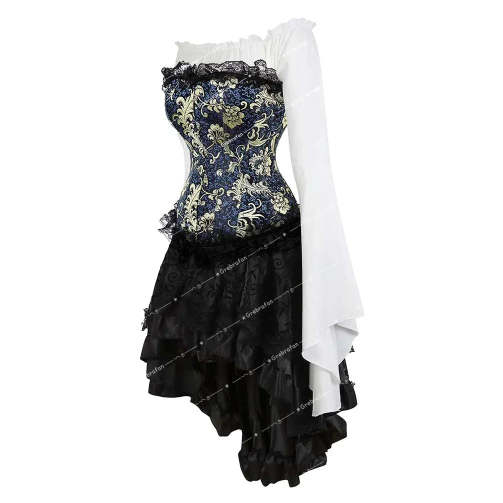 Bustier Corset Tulle Dress 3 Piece Pirate Set Embroidery Floral Bustiers Outfit for Women Overbust Corsage Skirt Vintage Costume